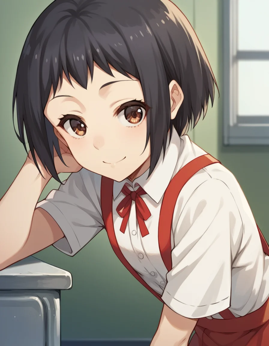 score_9, score_8_up, score_7_up, source_anime, <lora:hanako-hasegawa-ova-ponyxl-lora-nochekaiser:1>, hanako hasegawa, short hair, black hair, brown eyes,, skirt, shirt, ribbon, school uniform, white shirt, red ribbon, suspenders,, indoors, bent over, smile, looking at viewer, solo,, cowboy shot, dutch angle