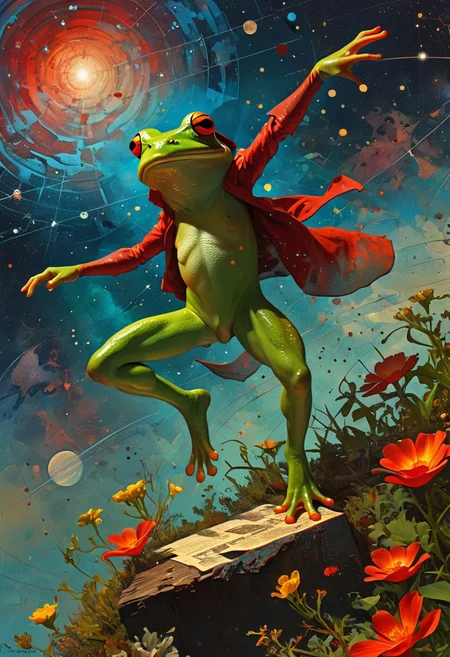 illustrious, frog, Amidst a dreamscape of colors, a mesmerizing garden enchants, its vibrant petals a feast for the eyes, Dancing and shimmering, intricate details, ultra sharp, fantasy art concept, fantastical fairy tale, whimsical surroundings <lora:c»ªa¿ cµa½±a§c§:0.8> xuer film still (in the style of Frank Frazetta painting) Dean Cornwell, design, 1970s, Russian Constructivist style, double exposure, volumetric lighting, expressive, ancient starchart, ink spattered background, warm colors, space, art deco, splatter, Japanese Woodblock print, planar rectilinear shapes, extreme energy, dynamic posing, Dutch angle, black, Crimson<lora:xl_more_art-full_v1:0.3>