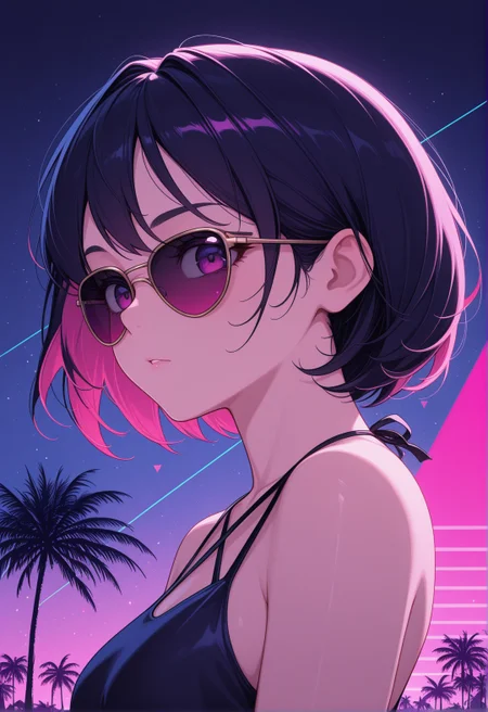 <lora:ck-neon-retrowave-IL-000012:1>, in the style of ck-rw, portrait of 1girl woman wearing fancy sunglasses, seducive, palm trees, triangle, sundown, stary night, 
masterpiece,best quality,amazing quality