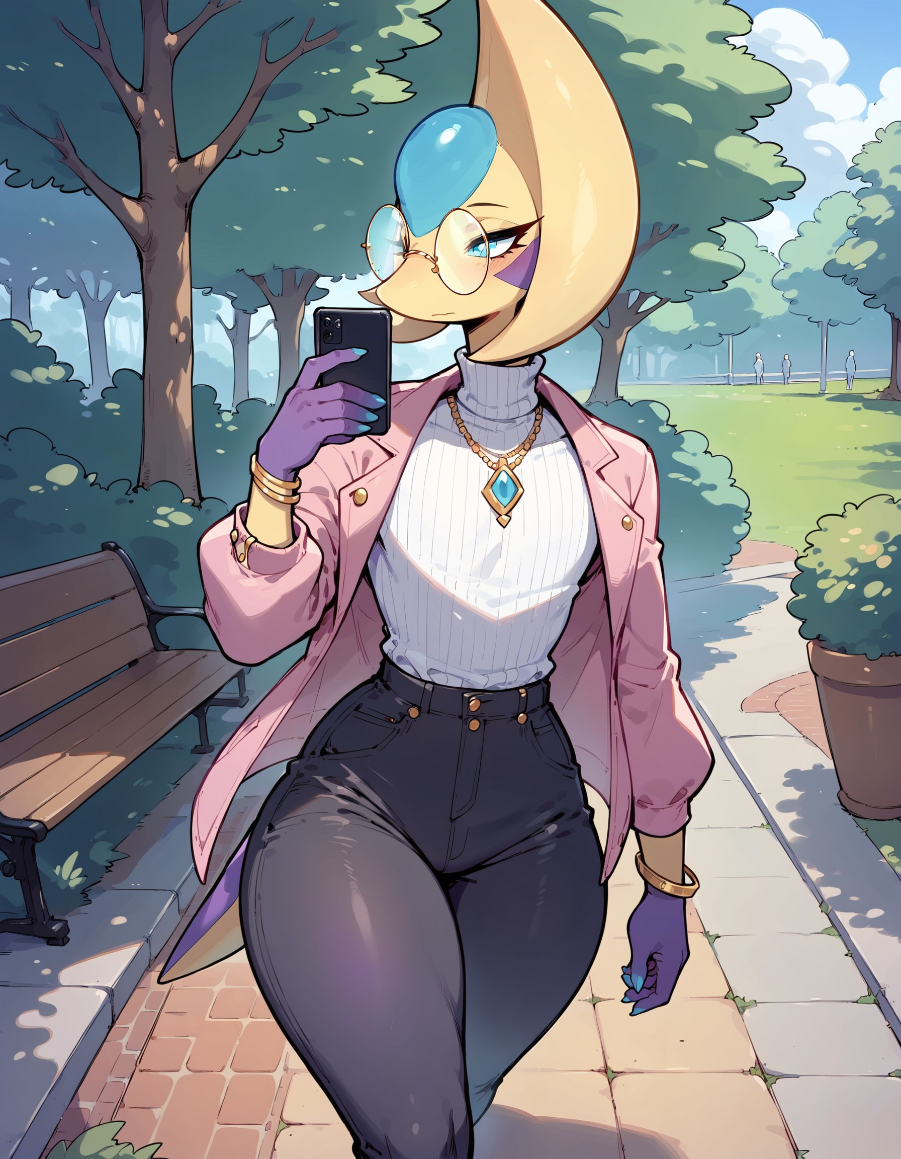 score_9, score_8_up, score_7_up, Cresselia, (solo), pokemon \(creature\), anthro, 1girl, girly, femboy, multicolored skin, purple skin, blue eyes, looking away, Expressiveh, round glasses, park, nature, (long pants, turtleneck sweater, jacket, elegant, jewelry), bracelets, wide hips, thick thighs, walking, holding smartphone, head tilt, dynamic pose, close-up, above shot, from above, , <lora:cefaa866-a58e-40ba-a219-79ab392f7d60:1.0>, <lora:617f947f-ac55-4aaf-99b9-4c509965e0f6:0.8>, <lora:7ec47181-66fd-458d-94ca-dd9d4ce04993:0.4>
