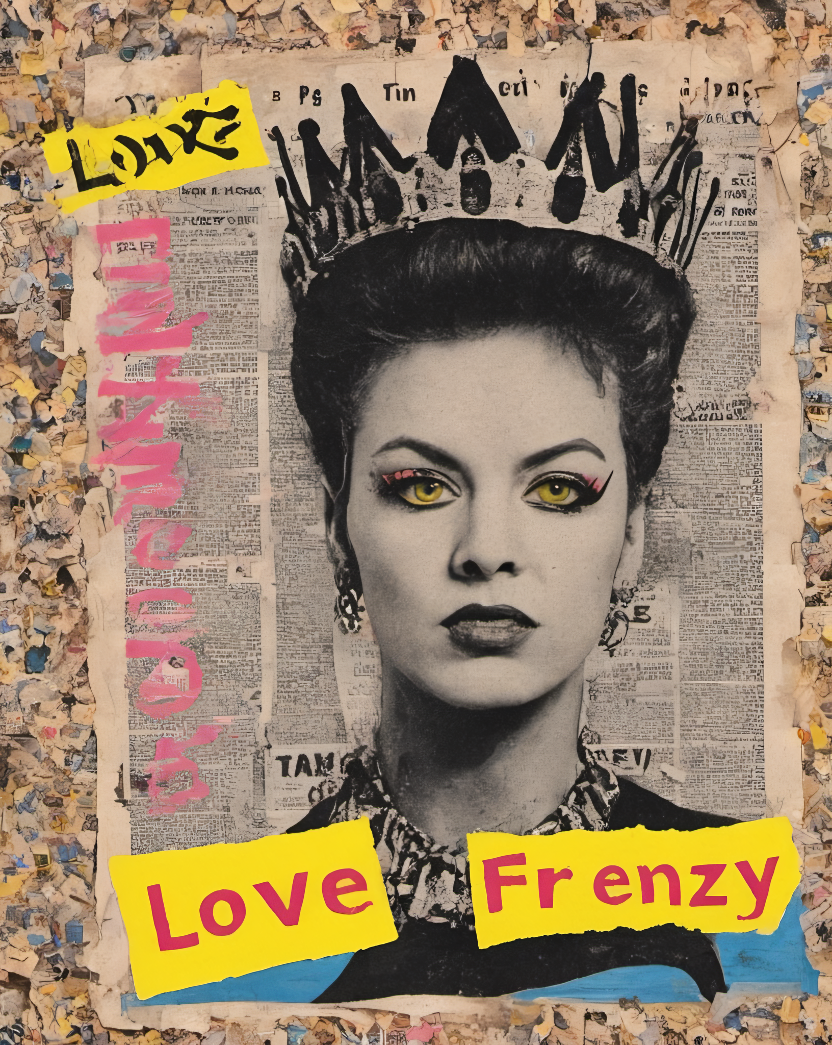 (white paper background), bold text "PuNk, LovE, fReNzY, kInKy, QueEn". <lora:JamieReidStyle-000010:0.7>, face torn from newspaper article, jamie reid style, iconic, typography, contemporary collage, yellow eyes, (shocking pink, candy blue, acid yellow), fragmented, protest art
