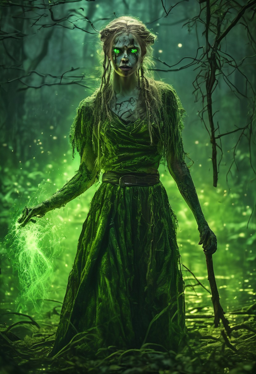 fantasy,medieval Russia fantasy,female druid,(zombie:1.3),(dynamic pose:1.3),entangled with roots,in a swamp,detailed background,(glowing nature magic:1.3),(glowing green eyes:1.1),(glowing green tattoos:1.1),tattered clothing,holding a stick,close up,midnight,(particle effects),floating magic particles, glowing dust