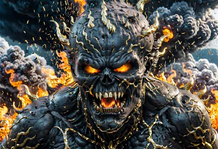According to the rules, in such cases, it was supposed to become a black impenetrable cloud, fill the entire space with itself, catch up with gold DEVIL SPAWN horror and look at him with an ominous luminous look from nowhere and from everywhere, which Bomchi immediately did. Feeling of fear, feeling of horror,rich colors, ultra clear image, more realistic, high resolution photos, 8K HD wallpapershigh quality, intricate details, ultra detailed, ,depth of field, 8k resolution trending on Artstation Unreal Engine 5, Epic,detailed background, <lora:xl_more_art-full_v1:1.2> <lora:JuggerCineXL2:0.8> , Cinematic, <lora:EnvyActionShotXL01:0.8> action shot