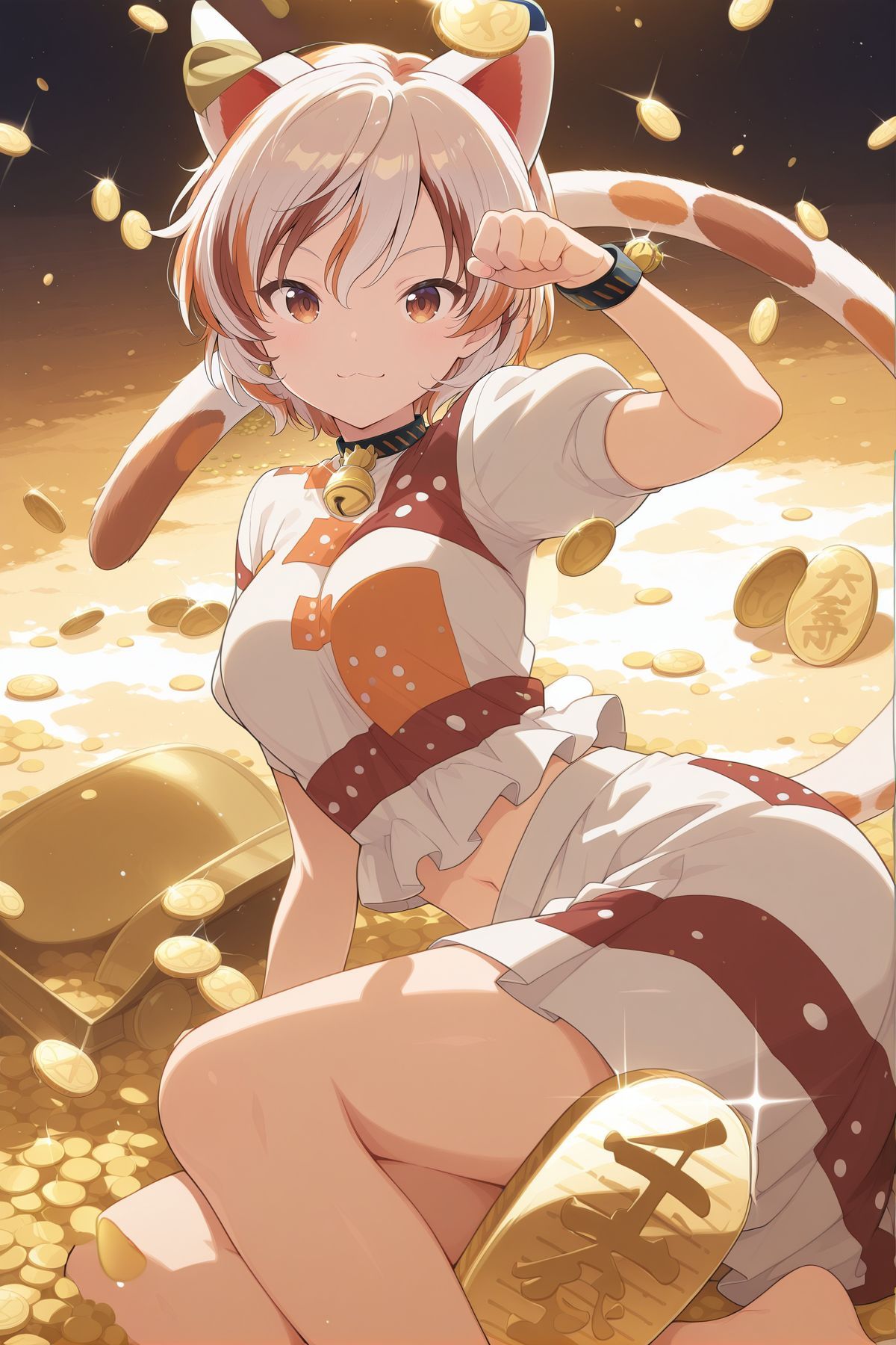 absurdres, highres, masterpiece, best quality, amazing quality, official anime artwork, screencap, anime screencap, dynamic pose,
<lora:Mike-Goutokuji_Illustrious:1> goutokuji mike, 1girl, solo, brown eyes, white hair, streaked hair, short hair, cat ears, cat tail, medium breasts,, neck bell, bell, bracelet, white shirt, patchwork clothes, puffy short sleeves, navel, white skirt, barefoot, paw pose, coins, coin, gold, night, falling coin, lying on coin, b, gold coin, :3, looking at viewer, glint, pile of gold, pile of coins,