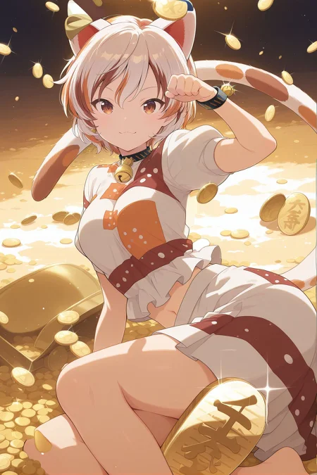 absurdres, highres, masterpiece, best quality, amazing quality, official anime artwork, screencap, anime screencap, dynamic pose,
<lora:Mike-Goutokuji_Illustrious:1> goutokuji mike, 1girl, solo, brown eyes, white hair, streaked hair, short hair, cat ears, cat tail, medium breasts,, neck bell, bell, bracelet, white shirt, patchwork clothes, puffy short sleeves, navel, white skirt, barefoot, paw pose, coins, coin, gold, night, falling coin, lying on coin, b, gold coin, :3, looking at viewer, glint, pile of gold, pile of coins,