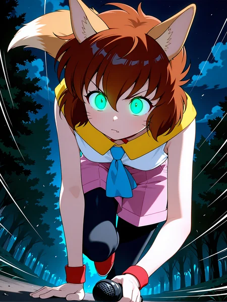 masterpiece,best quality,amazing quality,
1girl,solo,
anime screencap,<lora:koto_ilxl_v1.0:1>,koto,brown hair,green eyes,whiskers,fang out,
k_clothes,yellow collar,red ribbon choker,white sleeveless shirt,blue necktie,pink shorts,fox tail,black_pantyhose,red footwear,k_m,holding microphone,
<lora:Fixhands_anime_bdsqlsz_V1:1>,dynamic_angle,cinematic_angle,glowing eyes,fighting_stance,fighting,night,darkness,(motion_blur:1.3),(motion line:1.2),(speed_lines:1.1),fighting_stance,aura effect,dark cloud,leaning_forward,running,pov,looking_at_viewer,front view,bent over,looking ahead,glow eyes,expressionless,v-shaped eyebrows,forest,