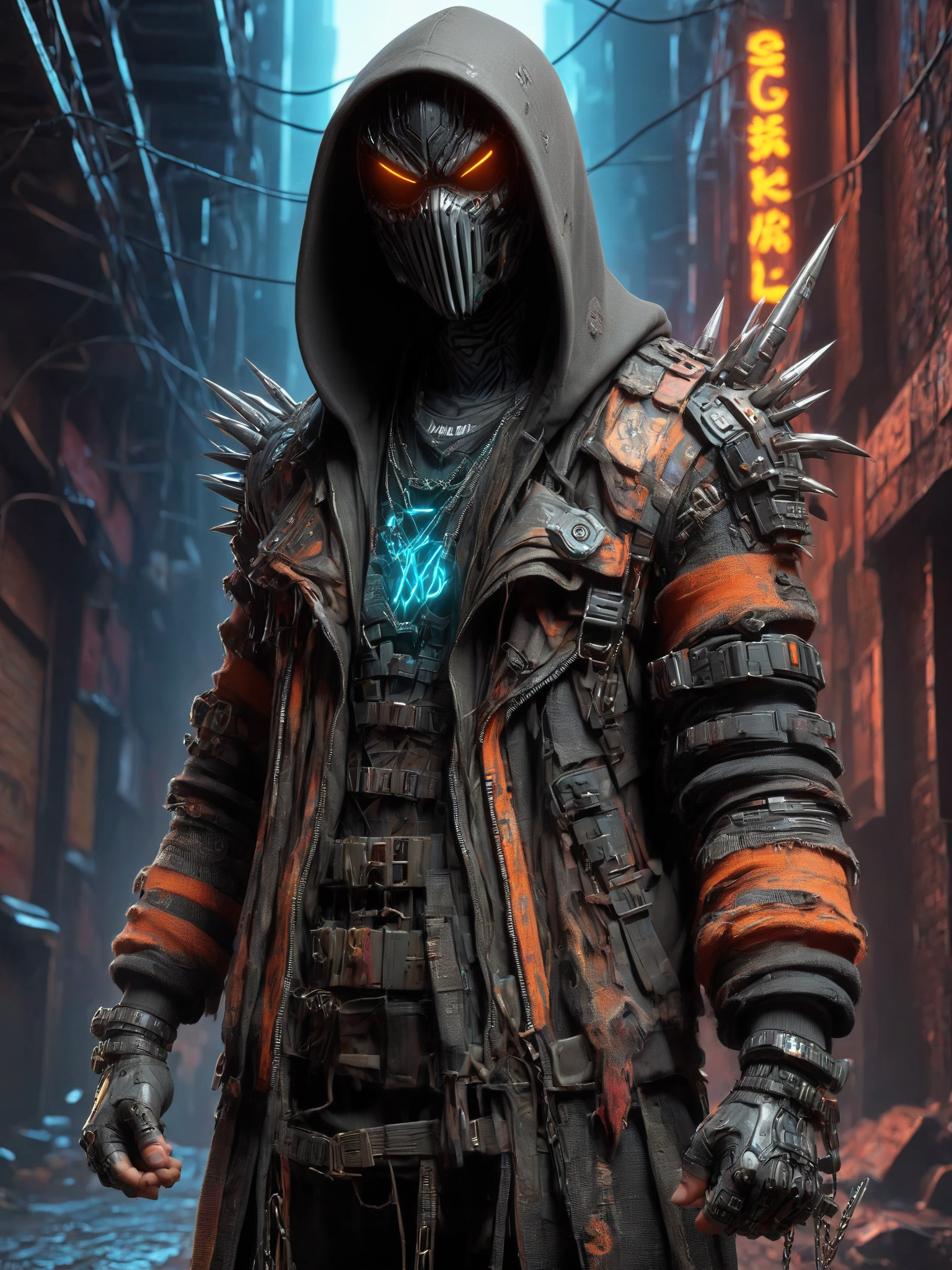 cinematic shot, dramatic lighting, man, mad-hllwnrs, hoodie, dynamic pose, (holding spikeclub:1.3), dimly lit, futuristic urban alleyway, garbage, filith, neon lights, graffiti-covered walls <lora:Neon_Cyberpunk_SDXL_Halloweener:0.8>, (masterpiece:1.2), best quality, (hyperdetailed, highest detailed:1.2), high resolution textures