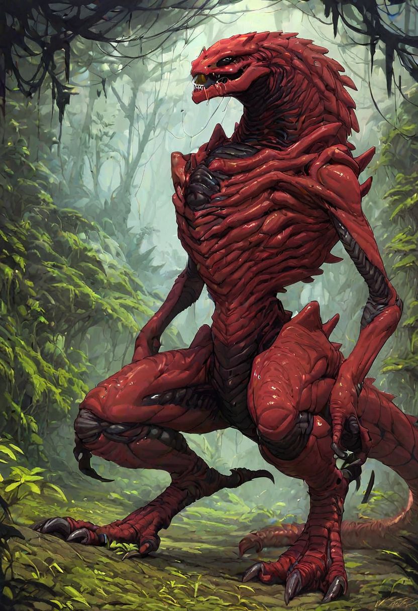 score_9, score_8_up, score_7_up, Expressiveh, oil painting, 1boy, solo, Alien, monstrous, huge black eyes, sharp fangs, claws, talons, spiky exoskeleton, huge black spikes, red skin, two toned skin, two toned exoskeleton, overflowing green saliva, huge lizard tail, exposed ribs, savage, lush forest, tall trees, jungle
