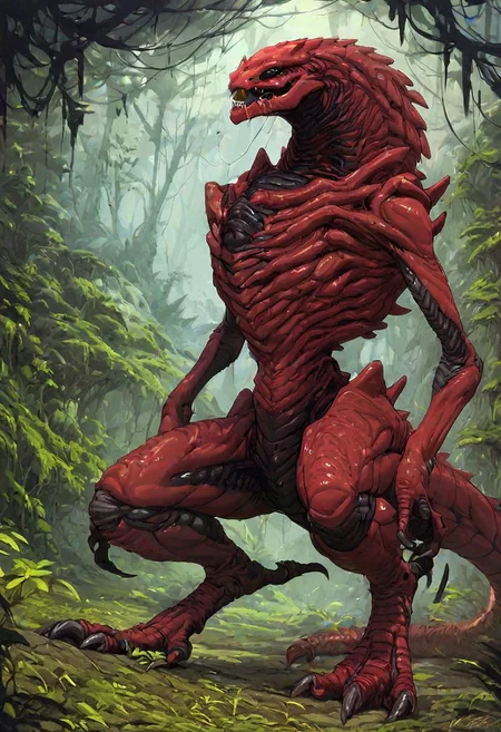 score_9, score_8_up, score_7_up, Expressiveh, oil painting, 1boy, solo, Alien, monstrous, huge black eyes, sharp fangs, claws, talons, spiky exoskeleton, huge black spikes, red skin, two toned skin, two toned exoskeleton, overflowing green saliva, huge lizard tail, exposed ribs, savage, lush forest, tall trees, jungle