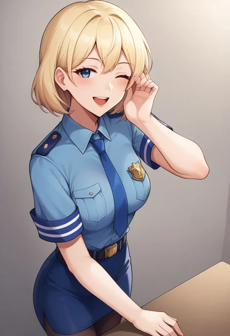 1girl,policewoman,looking at viewer,solo,pencil skirt,black pantyhose,blue necktie,blue skirt,short sleeves,blush,armband,belt,blue shirt,miniskirt,open mouth,smile,collared shirt,simple background,one eye closed,masterpiece, best quality, absurdres