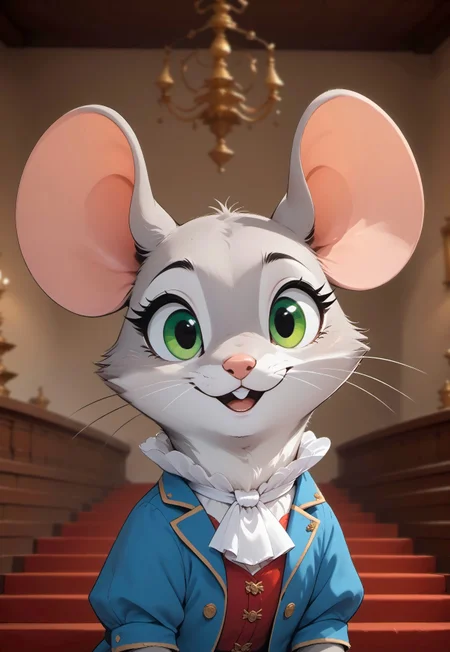 score_9, score_8_up, score_7_up, score_6_up, score_5_up, score_4_up, m0use_goldie, solo, grey fur, green eyes, cute, (feral:1), period costume, (frilly red waistcoat, white ascot), (ballroom, staircase, (chandelier:1.5)), upper body shot, (head focus), (open mouth:0.7), (chibi:0.3), 