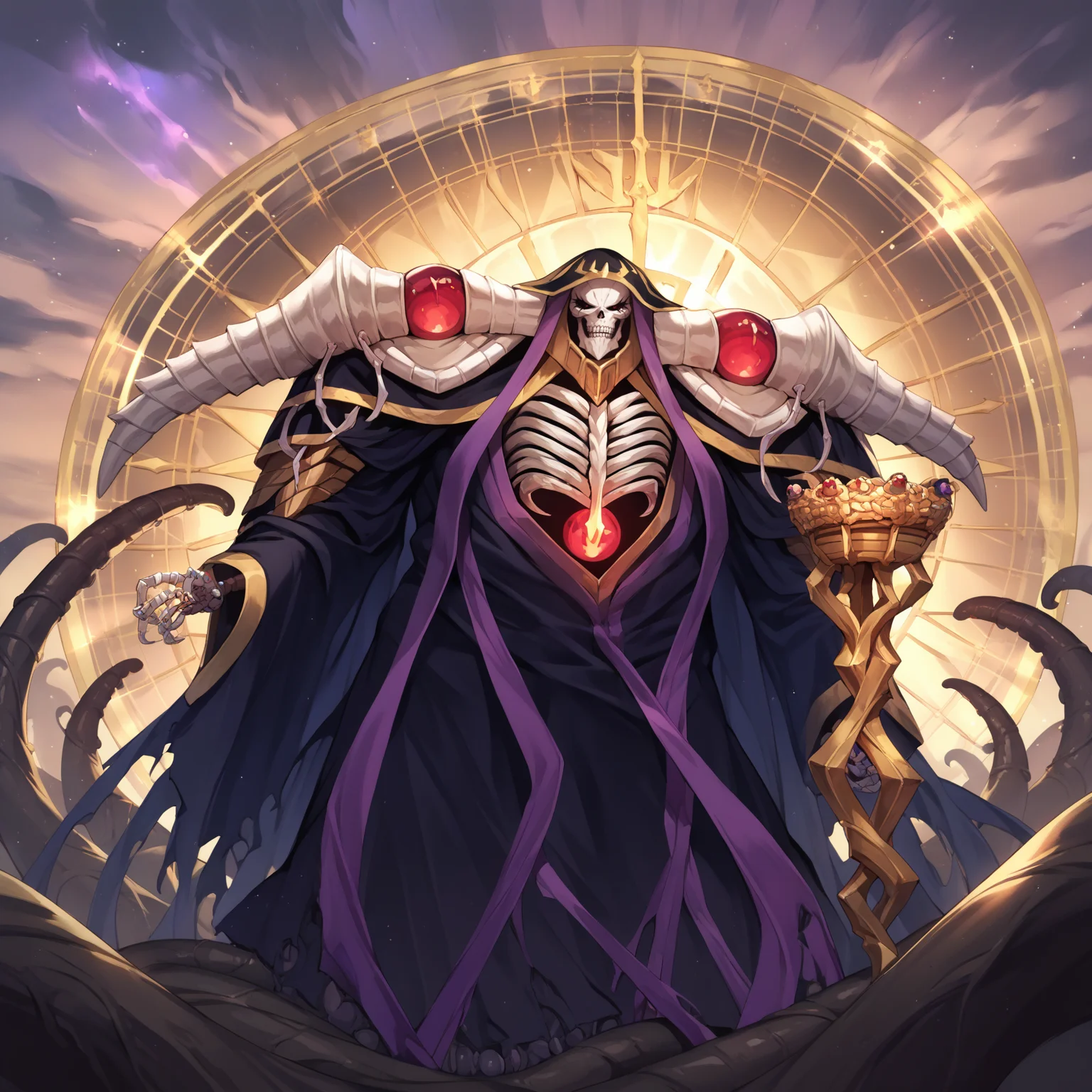 score_9, score_8_up, score_7_up, score_6_up, source_anime, best quality, masterpiece, colorful, very aesthetic, anime, BREAK <lora:Ainz_Ooal_Gown:1> solo, ainz ooal gown, skeleton, lich, dark robe, red eyes, skull, teeth, overlord, so-bin style, tentacles, black tentacles, ia shub niggurath, casting spell, monsters