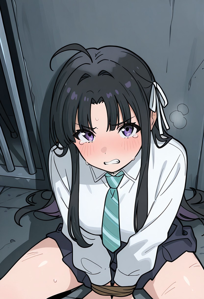 masterpiece, best quality, newest, solo, anime screencap, <lora:SUBARU_AWA_ilxl_v1.1:1>, subaru_awa,hair ribbon, white ribbon, ahoge, perfect eyes, breast, shiny skin, school uniform, white shirt, collared shirt,striped necktie,long sleeves,pleated skirt, expressive, tears, blush, embarrassed, scared, looking at viewer, bound wrists, on ground, sitting, against wall, prison, tied up \(nonsexual\), arms folded, bound wrists, scratches, exhausted, clenched teeth, heavy breathing, exhausted, from above, dynamic view, dark room, perfect anatomy