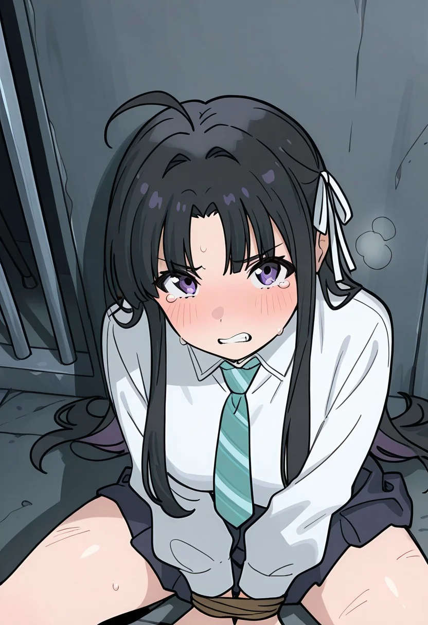 masterpiece, best quality, newest, solo, anime screencap, <lora:SUBARU_AWA_ilxl_v1.1:1>, subaru_awa,hair ribbon, white ribbon, ahoge, perfect eyes, breast, shiny skin, school uniform, white shirt, collared shirt,striped necktie,long sleeves,pleated skirt, expressive, tears, blush, embarrassed, scared, looking at viewer, bound wrists, on ground, sitting, against wall, prison, tied up \(nonsexual\), arms folded, bound wrists, scratches, exhausted, clenched teeth, heavy breathing, exhausted, from above, dynamic view, dark room, perfect anatomy