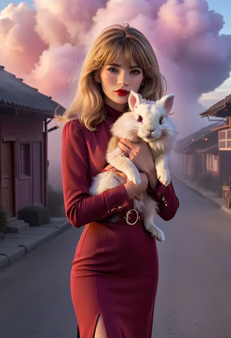 James Bond 007 style, foggy village road at dawn, award-winning film still of 4ng3l face egirlmakeup young skinny woman holding a large fluffy lion head rabbit, full body, colorful vintage outfit, skinny, high heels, long thin legs, freckled pale skin, blunt bangs, very long shiny blonde hair down front, glossy red lipstick, delicate feminine features, driving gloves, sparkling diamond necklace, blushing pink cheeks, purple pink orange fog clouds, epic, 8k, highly detailed, interesting and captivating
