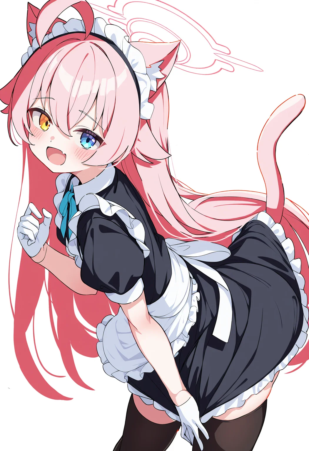 1girl, hoshino \(blue archive\), 
dre, 
solo, alternate costume, heterochromia, maid, cat ears, gloves, enmaided, white gloves, halo, blush, tail, simple background, short sleeves, long hair, thighhighs, puffy sleeves, frills, cat girl, animal ear fluff, apron, animal ears, maid headdress, skin fang, blue eyes, black dress, white background, pink hair, yellow eyes, open mouth, ahoge, puffy short sleeves, frilled dress, smile, black thighhighs, fang, looking at viewer, cat tail, very long hair,
masterpiece, best quality
 <lora:Siro9_nobep10-000013:1>
