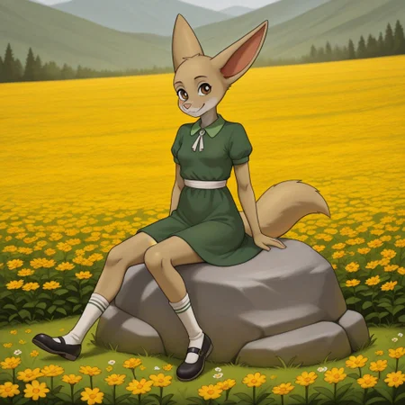Alecia(A), solo, 1girl, anthro, female furry, fox, foxgirl, Fennec fox, tan fur, brown eyes, large ears, fox tail, pink nose, small breasts, full body, looking at viewer, Green collared dress, white waist strap, tube socks, black Mary janes, sitting on rock, smile, flower field setting,