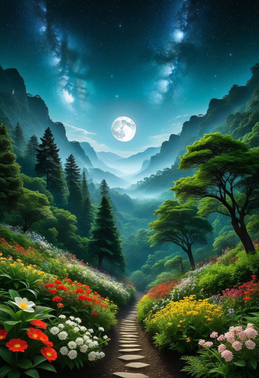 Capture the serendipitous moment: A solitary moonA lTitle: "Moonlit Garden of Cosmic Harmony" Transport yourself to a serene realm where the moon reigns supreme amidst a galaxy of swirling stardust. In this enchanting scene, a plethora of vibrant flowers, ranging from rich green black to warm yellows and fiery reds, adorn the lush forest floor and reach up towards the heavens. These flowers, each unique in their own right, create a kaleidoscope of color that captivates the eye. The moon, a beacon of tranquility, bathes the landscape in its ethereal glow, casting delicate shadows among the foliage. Its luminous light dances upon the petals of the flowers and the leaves of the trees, illuminating the intricate details of each element with breathtaking clarity. Surrounding the moon, the Milky Way stretches across the night sky like a celestial tapestry, adding depth and mystery to the scene. Dark silhouettes of towering trees frame the composition