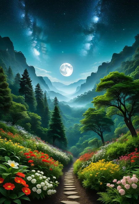 Capture the serendipitous moment: A solitary moonA lTitle: "Moonlit Garden of Cosmic Harmony" Transport yourself to a serene realm where the moon reigns supreme amidst a galaxy of swirling stardust. In this enchanting scene, a plethora of vibrant flowers, ranging from rich green black to warm yellows and fiery reds, adorn the lush forest floor and reach up towards the heavens. These flowers, each unique in their own right, create a kaleidoscope of color that captivates the eye. The moon, a beacon of tranquility, bathes the landscape in its ethereal glow, casting delicate shadows among the foliage. Its luminous light dances upon the petals of the flowers and the leaves of the trees, illuminating the intricate details of each element with breathtaking clarity. Surrounding the moon, the Milky Way stretches across the night sky like a celestial tapestry, adding depth and mystery to the scene. Dark silhouettes of towering trees frame the composition