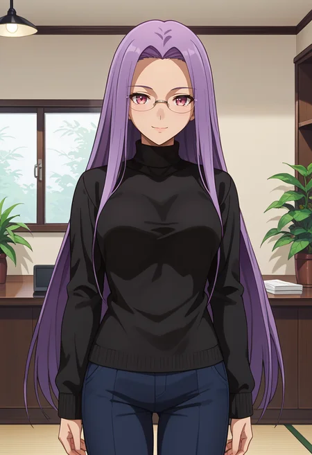 score_9,
<lora:FateStayNightUBW_MedusaXL:0.9>, MedusaFS,
1girl, solo, light smile,
purple hair, long hair, pink eyes, glasses,
MedusaCasual, black sweater, turtleneck, blue pants,
standing, looking at viewer,
indoors