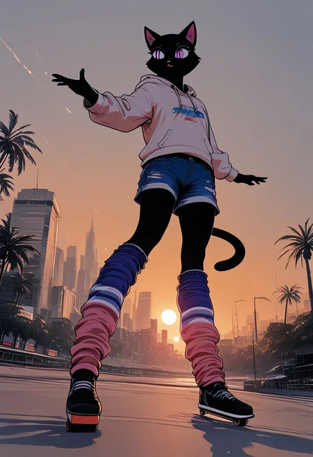 (score_9, score_8_up:1.1), score_7_up, retro artstyle, city beach setting, palms, sunset, golden hour, (miami ocean drive), (eighties style), (the lights go out), furry, anthro, 1girl, skater-girl, gorgeous domestic cat girl skating on skateboard, (black fur:1.3), (movement motion skateboarding:1.3), (focus on feet and skate:1.5), (dynamic action:1.5), calves, long legs, strong legs, wide hips, (wearing leg warmers), hoodie, ripped jeans shorts, (dynamic pose:1.5), (wide angle), lower body shot, intricate detail, clear eyes, perfect face, realistic proportions, very aesthetic, (masterpiece:1.4), (best quality), (colorful), (detailed) (((dramatic angle))), unique perspective, unique angle, wide angle, cinematic lighting, volumetric lighting,