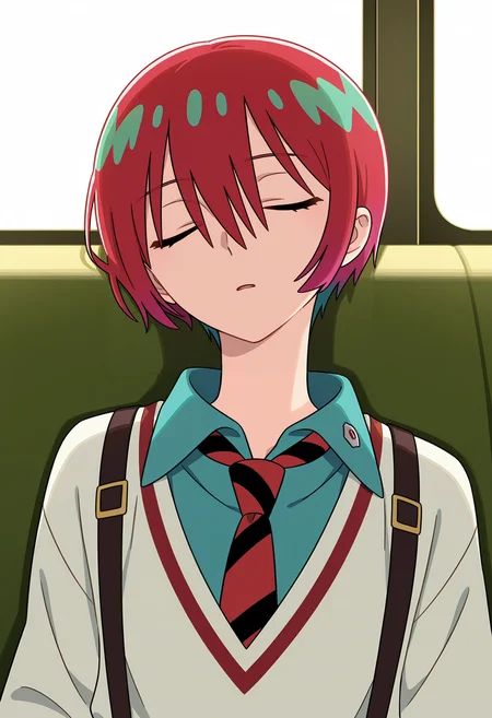 <lora:Amate Yuzuriha_illustrious-000032:1>,
Amate Yuzuriha, closed eyes, necktie, solo, suspenders, shirt, sleeping, collared shirt, male focus, red necktie