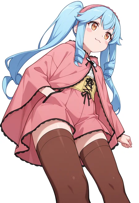 masterpiece,high quality details, absurdres, 
walking pose, one hand in pocket, head slightly turned, casual stride,,
 <lora:Michiru_Kusagakure:0.8>
michiru_cnr, 1girl, blue hair, long hair, twintails, drill hair, sidelocks, orange eyes, blush stickers,hairband,, ;3,, simple background, white background, from below,solo,, bustier,poncho   ,asymmetrical stockings,  ,brown thighhighs,
