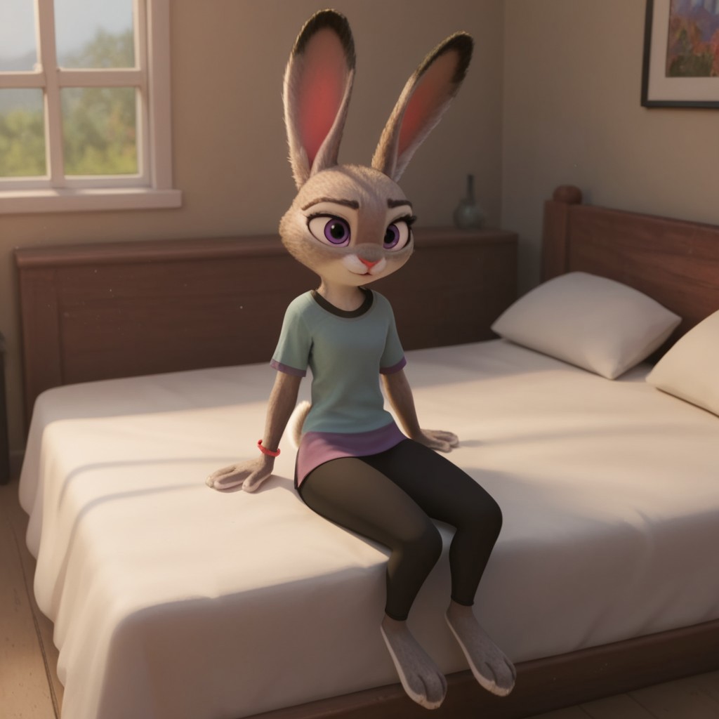 score_9, score_8_up, score_7_up, score_6_up, score_5_up, score_4_up, source_furry, hoppsJudyzt, anthro, female, bunny, grey fur, purple eyes, rabbit ears, rabbit tail, rabbit girl, teal shirt, short sleeves, black leggings, bracelet, sitting on bed, inside, bedroom,
