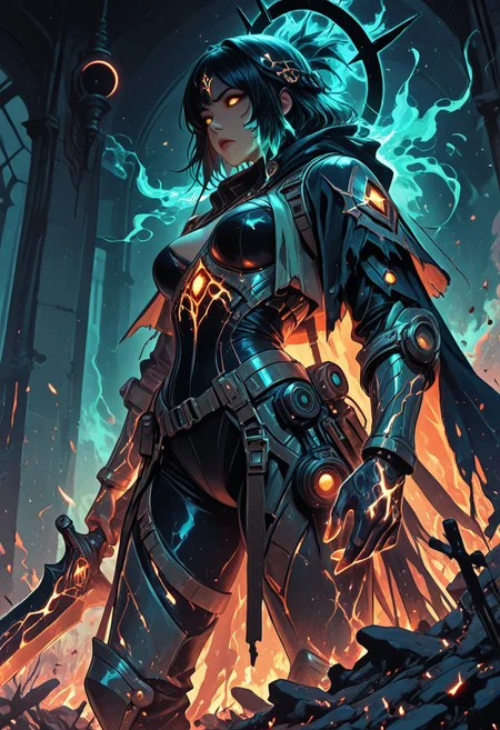 (masterpiece), (best quality), (8k), 1girl, full armor made of glowing black and orange star-metal, ember cracks, cosmic sword glowing with starlight in one hand, lantern of a dying universe in the other, burning aura, ashes floating in air, intense golden eyes, glowing molten veins, full burning wings shaped like black eclipse shards, celestial background with shattered planets, solar flare glow, camera angle from below, serious expression, mythic lighting, divine cosmic warrior, flaming cape blowing in the wind, ethereal glow on face, fire sparks in foreground, black halo orbiting behind her head, ashes turning into stars around her,