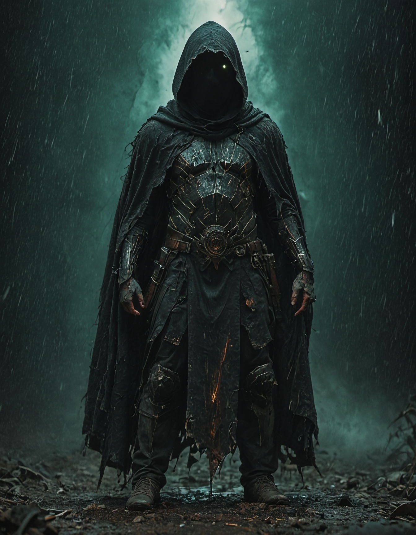 score_9, score_8_up, score_7_up, concept art hidden face, mysterious, hooded, full body, dark enigmatic warrior, standing, storm of falling shards, glowing ethereal giant heavy thick sword in hand, warrioras intricate armor, tattered cloak that billows in the wind, atmosphere is charged with an otherworldly energy, fantasy realism, dramatic lighting, detailed textures to bring the scene to life,  . digital artwork, illustrative, painterly, matte painting, highly detailed <lora:- SDXL - vanta-black_contrast_V3.0:1>