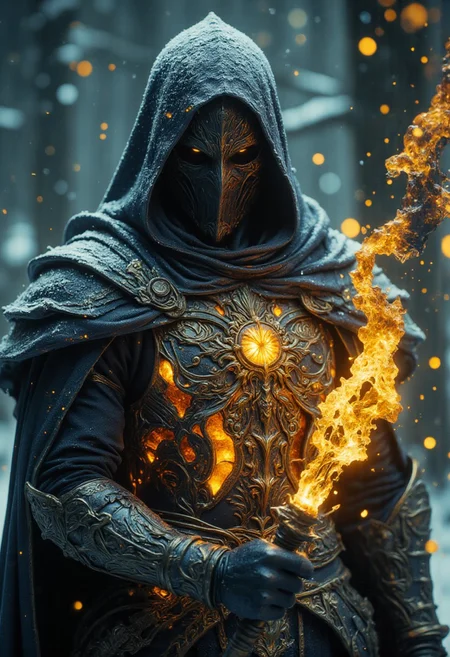 Extreme Upper Body Closeup Portrait, Vibrant Amber and golden-black color graded, AmanoER, analog Photo of a wizard with a staff full of crystals, the crystals are round golden amber, hkevil ninja-goddess, action pose, featuring a stylized, a ninja with translucent Amber ice-based powers. He is depicted standing in a snowy, shadowy background., giving an action pose, Casting a spear Made of ICE and frost. The blue dark-orange-yellow outlines and defines the character's muscular physique, ornate suit of armor. The armor includes a translucent amber and black chest piece with intricate Design.