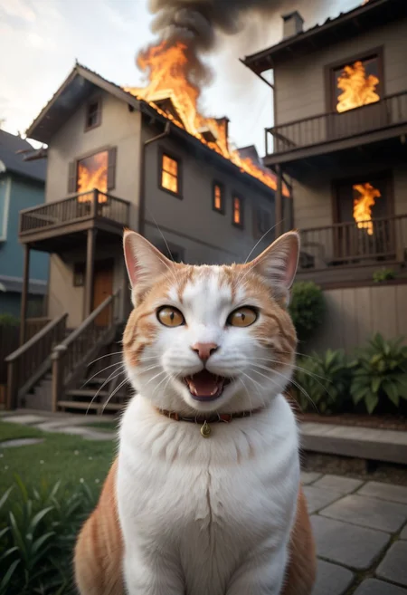 cinematic film still anime artwork, cfb, smiling cat foreground, a house on fire, background, vibrant, highly detailed, shallow depth of field,, cinemascope, moody, epic, gorgeous, film grain, grainy,meme,parody