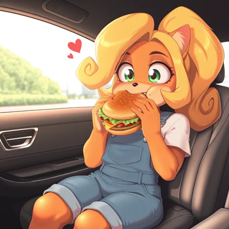 masterpiece, best quality, amazing quality,galacticmichi,1girl, solo,coco bandicoot, chibi, eating burger,car interior, sitting,white shirt,overalls,heart, happy <lora:GalacticMichi_Style_v2:1.0>