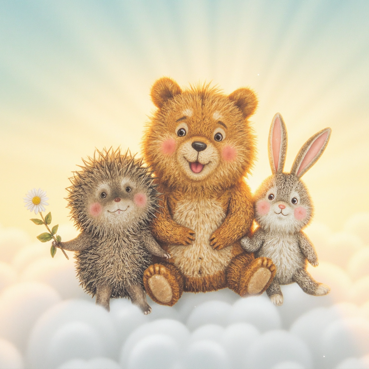 illustration. A joyful scene featuring a hedgehog, a bear cub, and a bunny sitting together on a fluffy white cloud against a serene, pastel-colored sky. The hedgehog, holding a delicate daisy in one paw, sits happily next to the cheerful bear cub, who has a soft and cuddly appearance. The bunny, with its long ears and playful demeanor, completes the trio, radiating warmth and delight. The cloud is soft and billowy, with golden sunlight peeking through, casting a gentle glow over the scene. The atmosphere is serene and heartwarming, full of innocence and happiness.