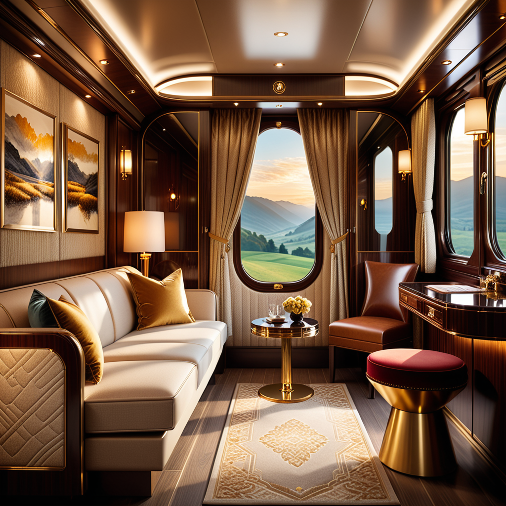 A cozy and luxurious private cabin in a premium train, designed for relaxation and comfort during long journeys. The cabin features rich wooden paneling with a glossy finish, creating a warm and inviting atmosphere. A plush seat upholstered in fine leather or velvet sits by a large window, with soft, golden light streaming in through partially drawn curtains made of heavy, textured fabric.
a vintage lamp with a brass base and a frosted glass shade, casting a soft glow. Above the seating area, a compact storage compartment holds a neatly folded blanket and a small travel bag.
The walls are adorned with subtle art deco patterns and a built-in mirror framed in polished metal. The floor is covered in a luxurious carpet with intricate designs in muted colors. Modern amenities, such as USB charging ports and a control panel for adjusting lighting and temperature, are discreetly integrated. The scene conveys a blend of timeless elegance and modern convenience, perfect for a high-end travel experience.
<lora:SDXLFaeTastic2400:0.4> <lora:extremely_detailed:0.4> extremely detailed, Masterpiece,best quality,hi res,8k,hi res,8k,award winning,(sharp focus, intricate, highly detailed),