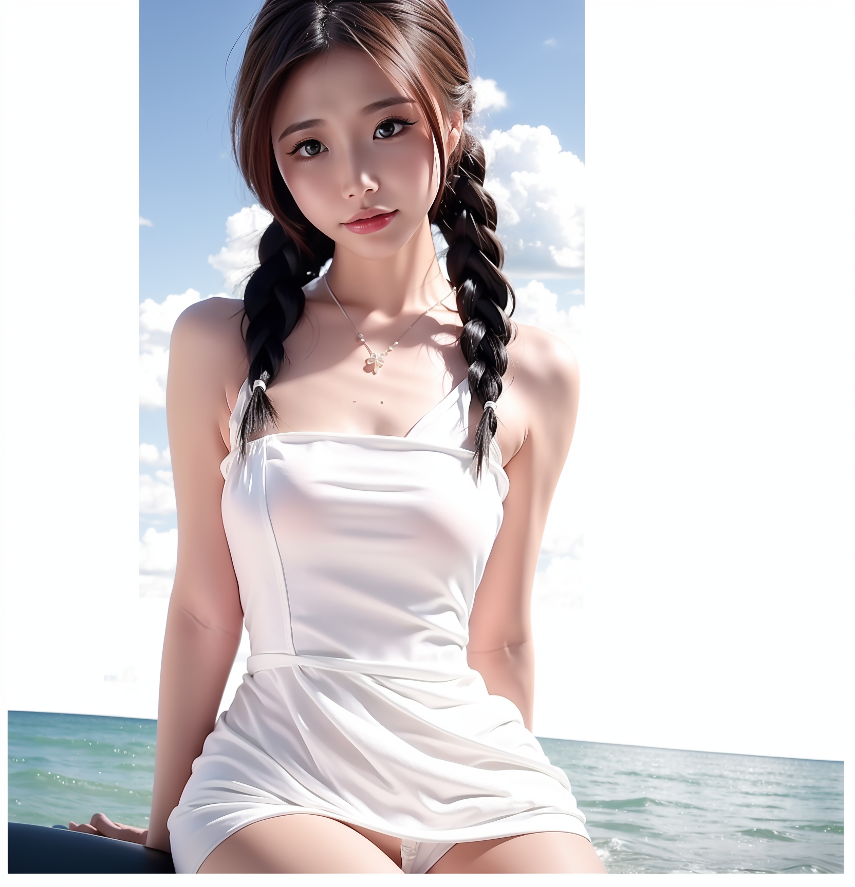 nenenini, masterpiece, best quality, nenenini in a white dress is holding her hand on her chest,  solo, very long hair, upper  body, boots, sky, sun, beach, sea, horizon,  <lora:uni_v1:0.9>