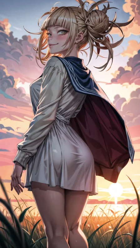 masterpiece, ultrarealism,
1girl, (((white dress, dress, cute dress))), (perfect hands:1.1), Solo,  portrait, closeup, view from the back, blond hair,  look at the viewer, cute smiling, amazing eyes, detailed eyes,
dazzling rays of the sun, sunset, amazing background, stands in the center, best shadows, strong depth of field, fields, hill, greenery, grass,
(realistic:1.3), epic realistic, detailed, 4k, <lora:TogaHimikoLoRA:1>, <lora:add_detail:1.0>,