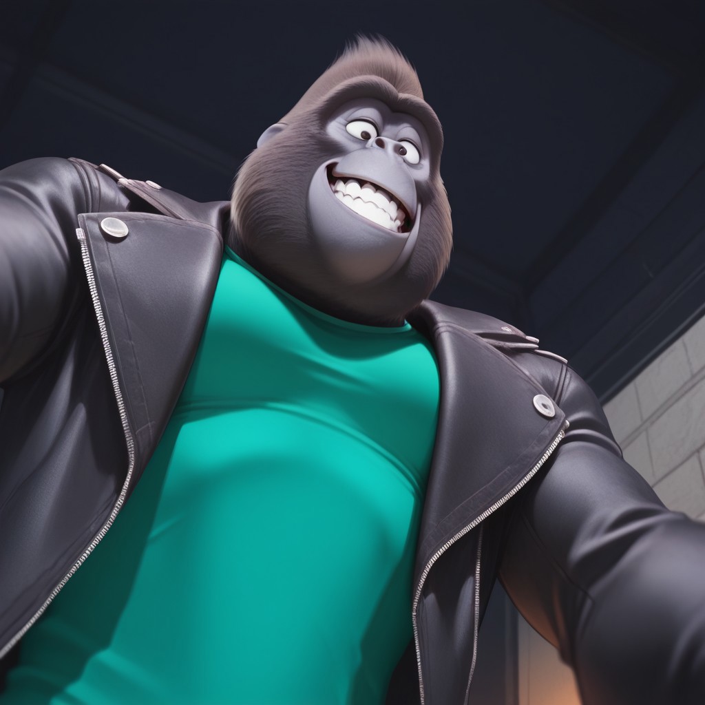 Johnny_sing, teeth, bust shot, grin, Low angle, Green shirt, Black jacket, half, tired, gorilla, face shot, detailed teeth,