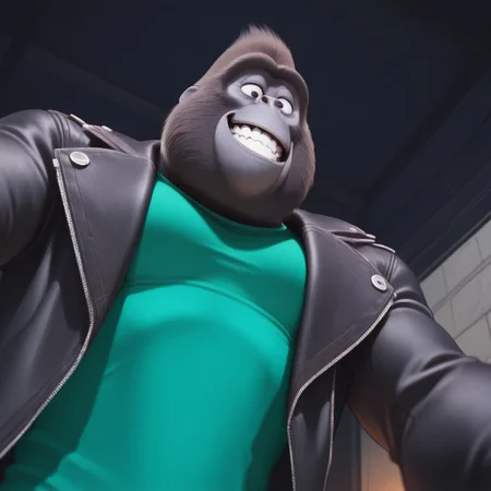Johnny_sing, teeth, bust shot, grin, Low angle, Green shirt, Black jacket, half, tired, gorilla, face shot, detailed teeth,