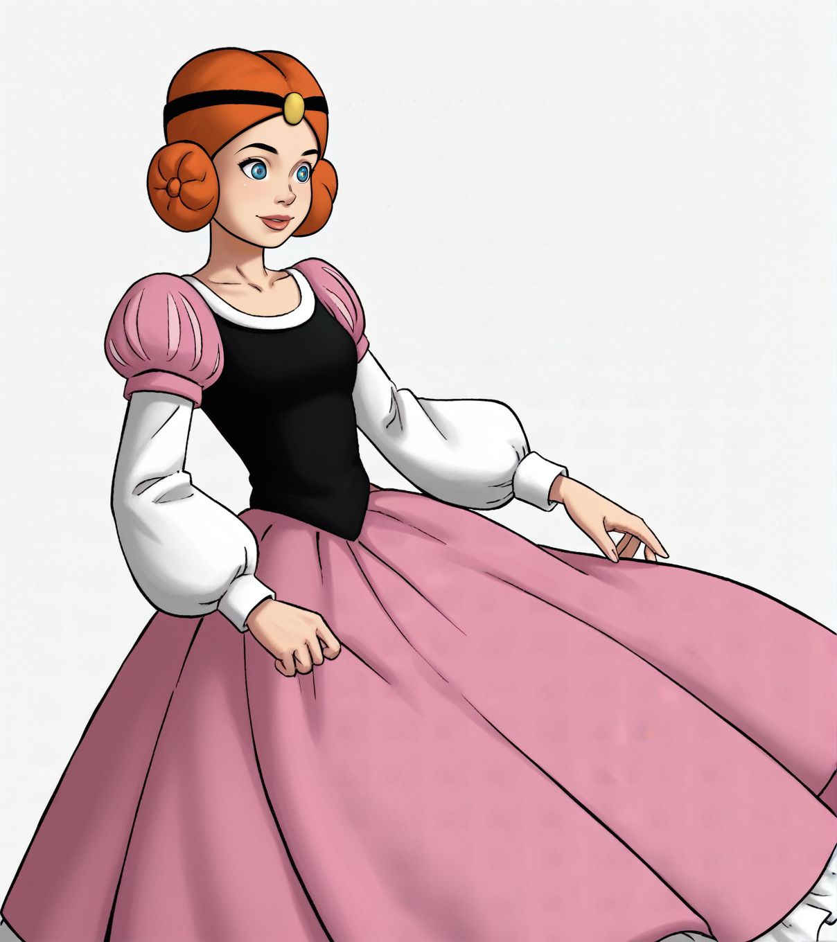 score_9, score_8_up, score_7_up,
princess_sabina, red hair, princess dress, bouffant dress with gigot sleeves and petticoat, side buns, dot pupils, white background, <lora:Princess_Sabina:1>
