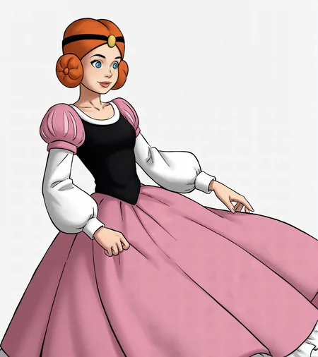 score_9, score_8_up, score_7_up,
princess_sabina, red hair, princess dress, bouffant dress with gigot sleeves and petticoat, side buns, dot pupils, white background, <lora:Princess_Sabina:1>