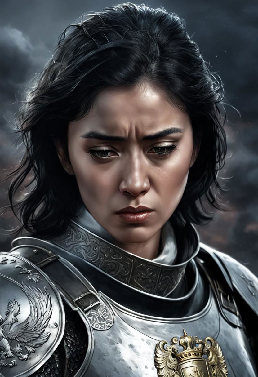 Illustration of a black-haired woman with very stern features, she is wearing silvery armour with a heraldic coat of arms, she is crying, her head is tilted downwards, behind her battlefield, gloom, pain, horror, battlefield, war, war, soldiers fighting, night, dark atmosphere, symmetrical eyes, fine details best quality, hyperdetailed face, (photorealistic:1. 4), (highest quality), (best shadow), high contrast