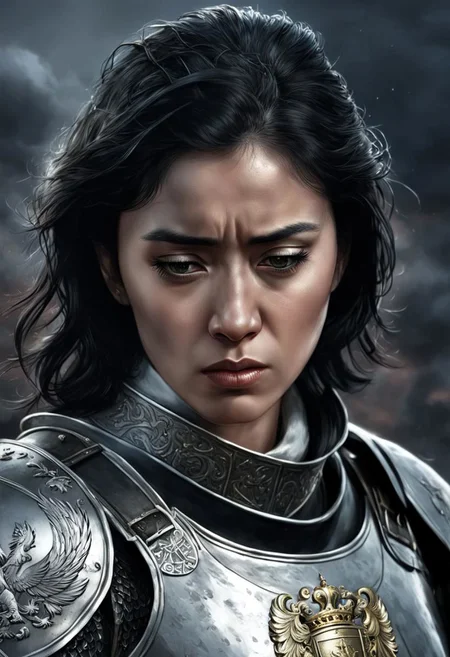 Illustration of a black-haired woman with very stern features, she is wearing silvery armour with a heraldic coat of arms, she is crying, her head is tilted downwards, behind her battlefield, gloom, pain, horror, battlefield, war, war, soldiers fighting, night, dark atmosphere, symmetrical eyes, fine details best quality, hyperdetailed face, (photorealistic:1. 4), (highest quality), (best shadow), high contrast