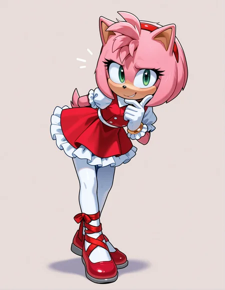 1girl, solo, full body, no humans, sonic \(series\),
<lora:Movie-Amy:1> movieamy, pink fur, green eyes, animal nose, body fur, hedgehog tail, petite, short legs, short hair, bob cut,
red hairband, red dress, puffy short sleeves, white sleeves, white frills, frilled dress, collared dress, frilled sleeves, frilled gloves, collared dress, white gloves, white belt, white pantyhose, red ballet slippers, footwear ribbon, red wrist ribbon, red ribbon, leg ribbon,
white pantyhose, fine fabric emphasis,
hand on own chin, looking at viewer, leaning forward, arm behind back, index finger raised, thoughtful expression, extremely detailed, highres, masterpiece, best quality