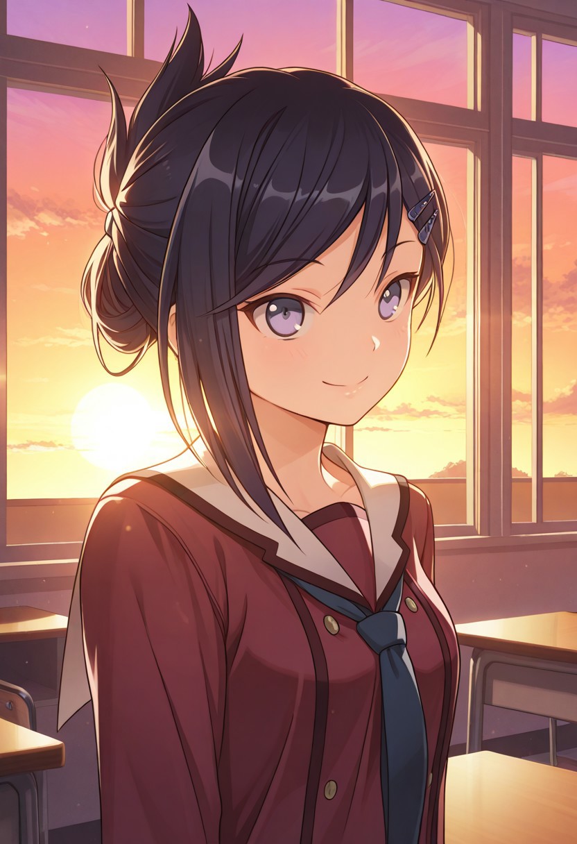 , solo , Inobatlestyle, masterpiece, best quality, absurdres, very aesthetic, solo, classroom , from up, sunset, sunsets light, kudoumirei, 1girl , kudou_mirei_inou, Looking curious , smile