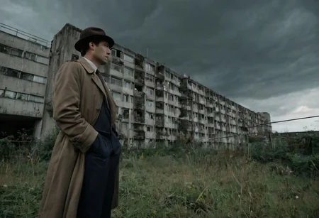 moody, atmospheric, urban landscape photography, Thamesmead estate, Brutalist architecture, concrete buildings, decaying structures, overgrown vegetation, abandoned cars, graffiti, litter, Detective Jack Harper, middle-aged, weary, unshaven, trench coat, fedora, hands in pockets, looking around cautiously, wide-angle shot, low-angle camera, dark and cloudy sky, ominous mood, natural lighting, desaturated color palette, inspired by the work of Stanley Kubrick