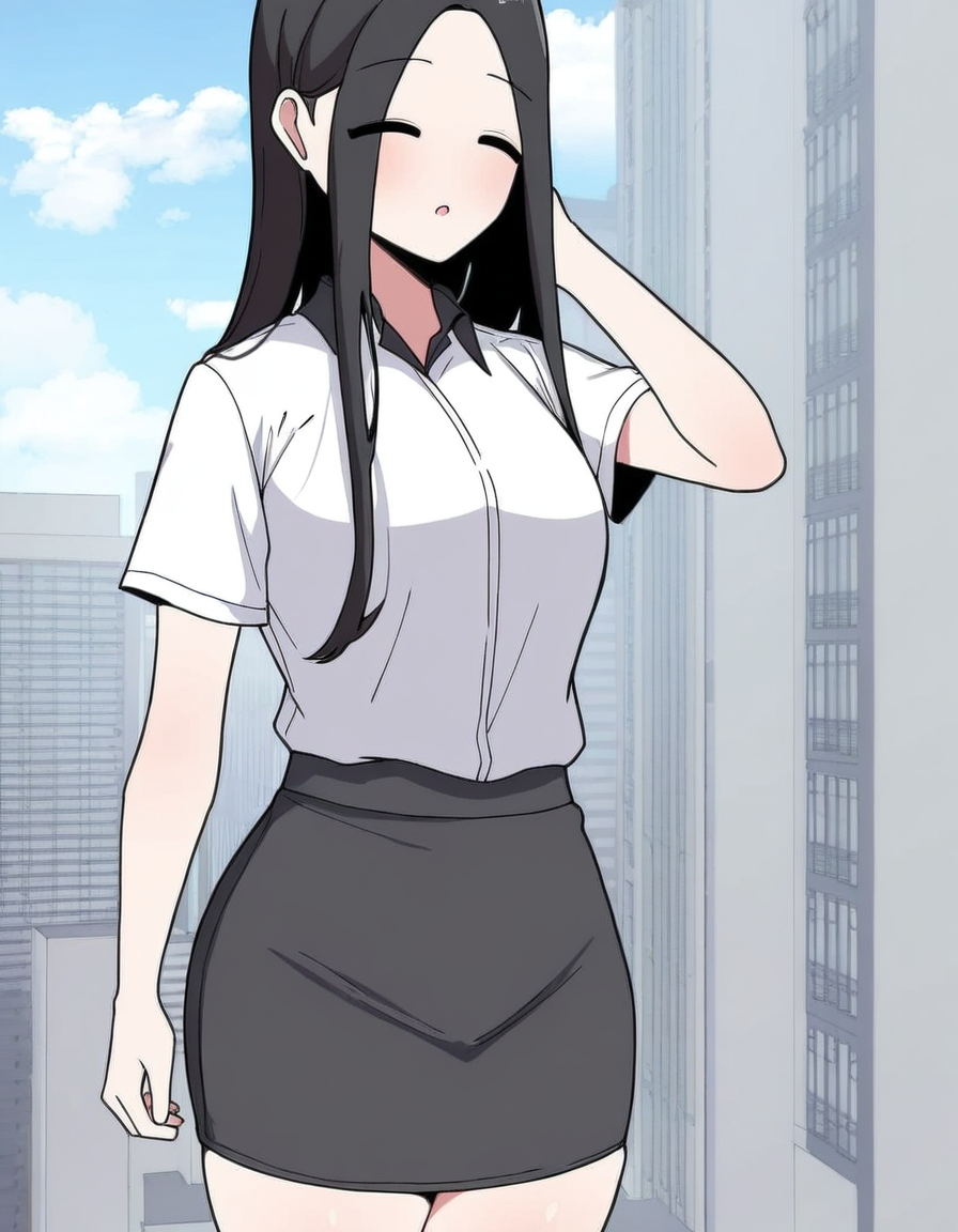 masterpiece, best quality, newest, absurdres, highres, safe,, <lora:yoo-jae-kyung-manhwa-illustriousxl-lora-nochekaiser:1>, yoo jae-kyung, long hair, large breasts, black hair, closed eyes, forehead,, skirt, shirt, white shirt, short sleeves, collared shirt, black skirt, pencil skirt, office lady,, floating city, sky, futuristic, architecture, clouds, , hand behind head, , looking at viewer, solo,, cowboy shot, solo