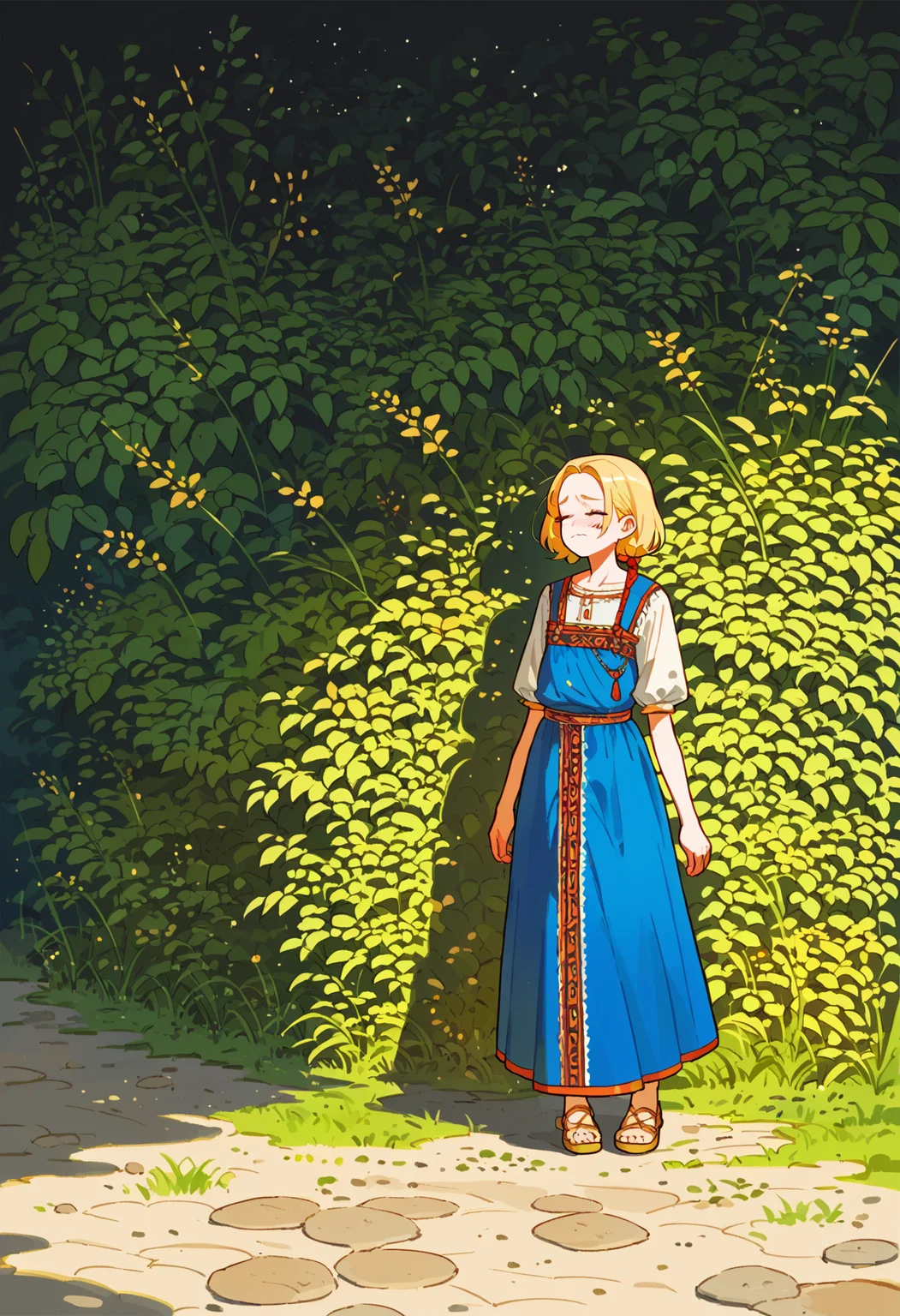 score_9, score_8_up, score_7_up, score_6_up, score_5_up, score_4_up, score_9, score_8_up, score_7_up, score_6_up, score_5_up, score_4_up, source_anime, digital artwork, dry grass, (steppe:1.5), (plains), ravens in grey sky, ash, standing in grey landscape, rocks, embroidery,  (blonde haired 1girl) in (sarafan:1.3) with (short:1.4), (sad smile),  closed eyes, blue dress, shoes<lora:sarafan-v1.0_150_epochs:1.2>