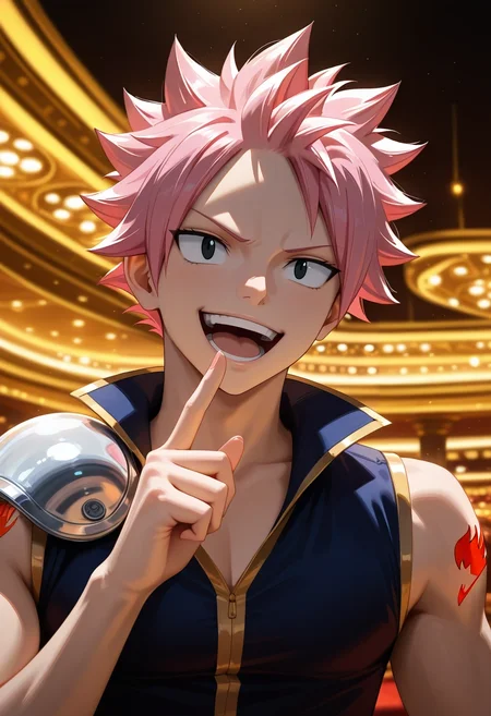 masterpiece, best quality, , semi-realistic, , 1boy, solo, male focus, <lora:natsu_dragneel_ilxl:1>, natsu_dragneel, pink hair, black eyes, spiked hair, , upper body, las vegas, casino, light, index finger raised, laughing, swashbuckler costume