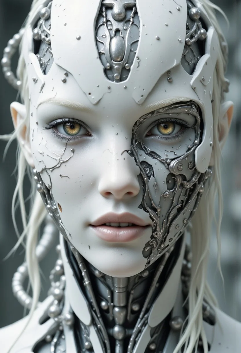 Close-up portrait of a statue of a robot. Her head and body are made of white, smooth metal with multi-colored, exposed wiring going down her neck creating an organic mosaic pattern. She is a biomechanical robot. Her eyes are an intense silver color with light silver eyeshadow, and her lips are a rich, deep silver color. There is a missing panel on her cheek. A spot light focuses on her eyes, creating strong highlights and shadows. The light background is softly blurred showing computers and white pipes, but is blurred and out of focus so all visual attention is on the woman's eyes, nose and mouth. Her hair is stark, metallic white strands that falls around the lower half of the image. She is blending in with the background. She is looking at the viewer intensely. The overall impression is one of dramatic beauty, with an almost otherworldly quality. (((ultra-realistic style))), realistic soft lighting, eye-catching, atmospheric lighting, dusty and smokey environment, natural, shallow depth of field, (highlights: 0.8), high detail (dynamic, sincere, cinematic shot, film grain, bokeh, depth of field)